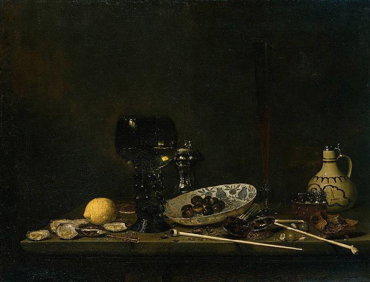 Jan van de Velde Still life with wineglass, flute glass, earthenware jug and pipes oil painting picture